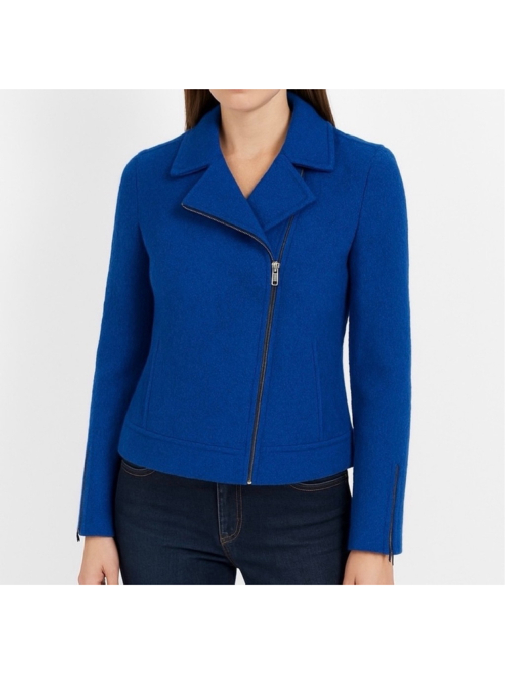 Tahari Vibrant Cobalt Blue Asymmetrical Zip Moto Jacket Boiled Wool Blend Small